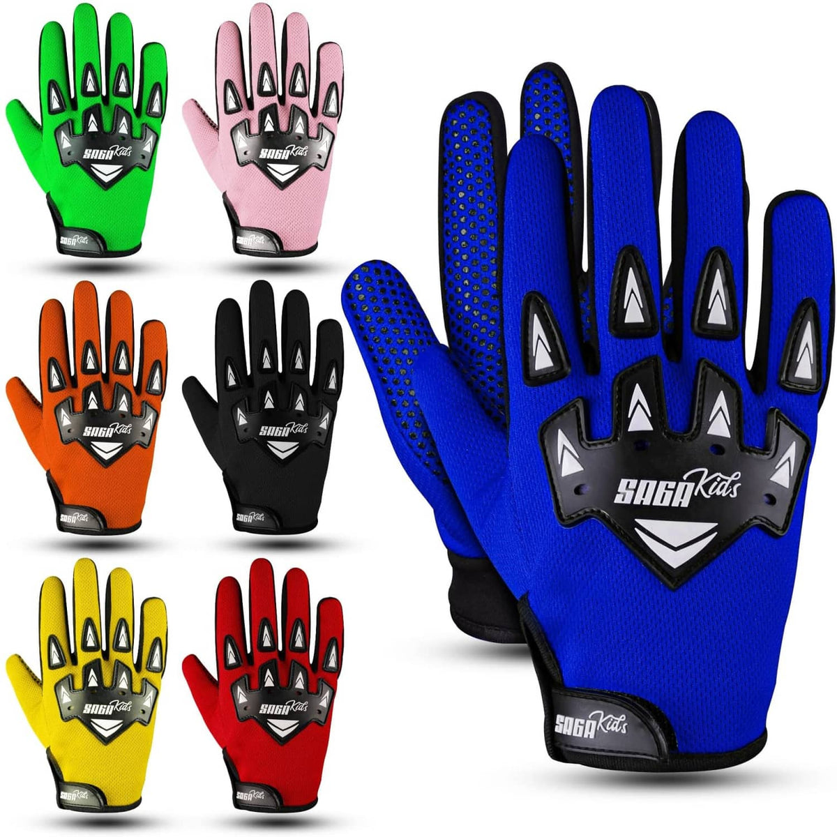 Youth motocross dirt bike gloves, blue with silicone-dotted palm and knuckle protectors