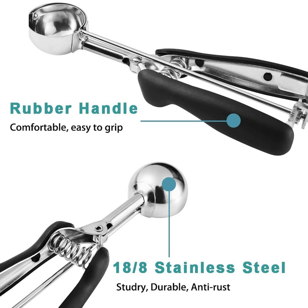 Stainless steel cookie scoop with black rubber grip handle and trigger