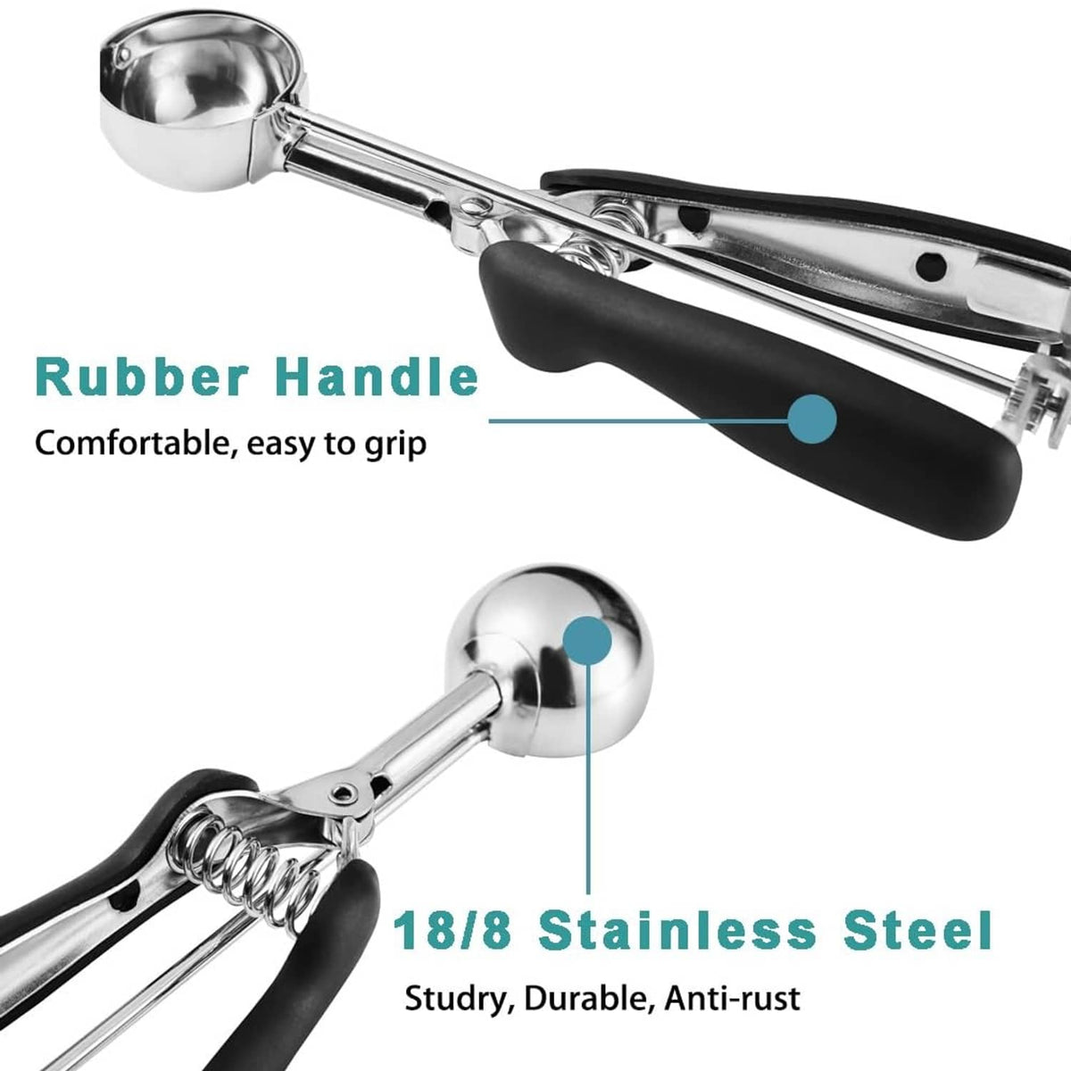 Stainless steel cookie scoop with black rubber grip handle and trigger