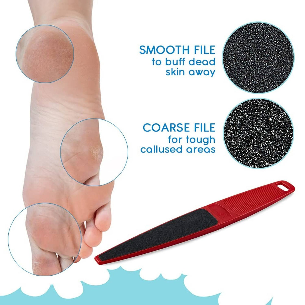 Red foot file with black smooth and coarse abrasive sides for callus care.