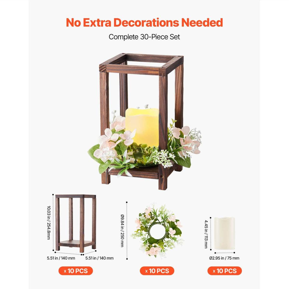 Brown wooden lantern with LED candle and champagne floral wreath centerpiece