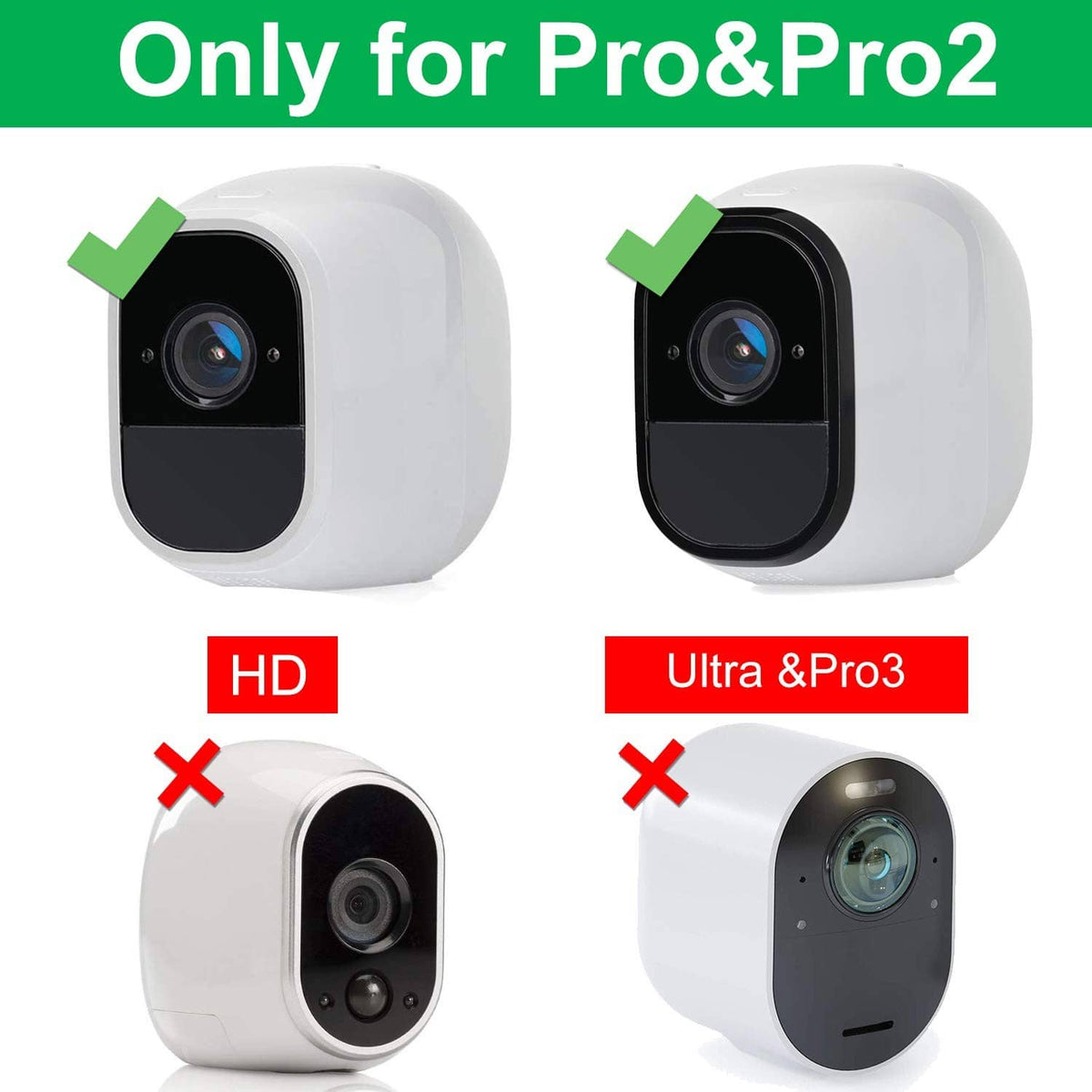 Two white outdoor security cameras with solar panels showing compatible installation fit