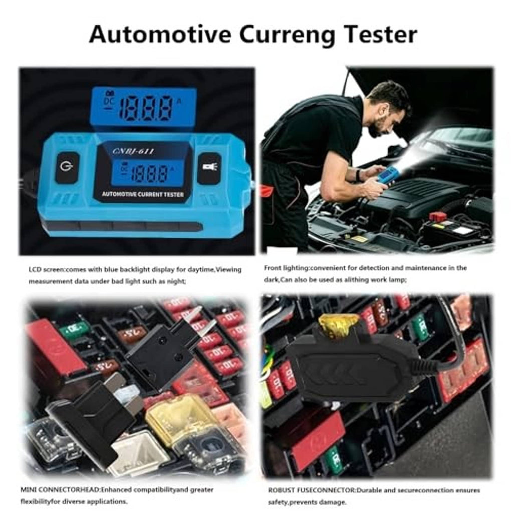 Blue automotive current tester with LCD screen and buttons, connected for fuse circuit checks