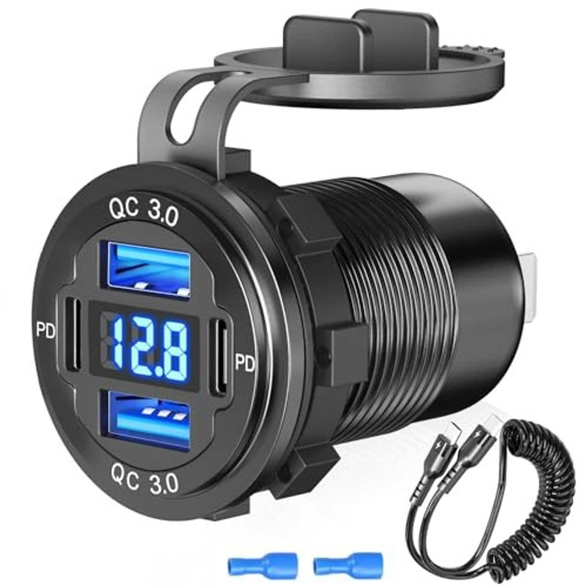 Black car USB charger plug with blue digital display, QC 3.0/PD ports, coiled cable