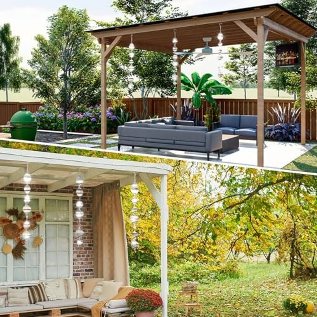 Multiple silver reflective wind spinners hanging from an outdoor pergola frame
