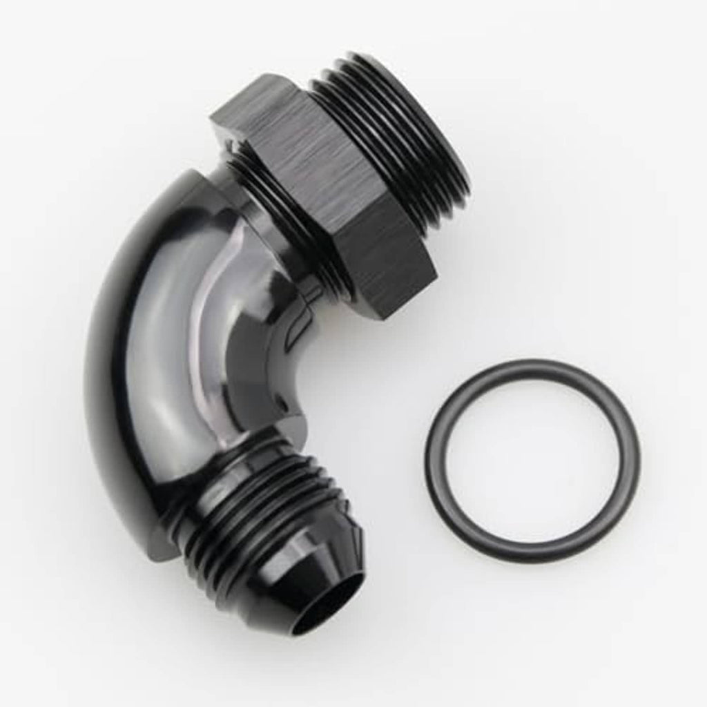 Black 90-degree AN ORB fitting with O-ring; curved elbow and dual threaded ports
