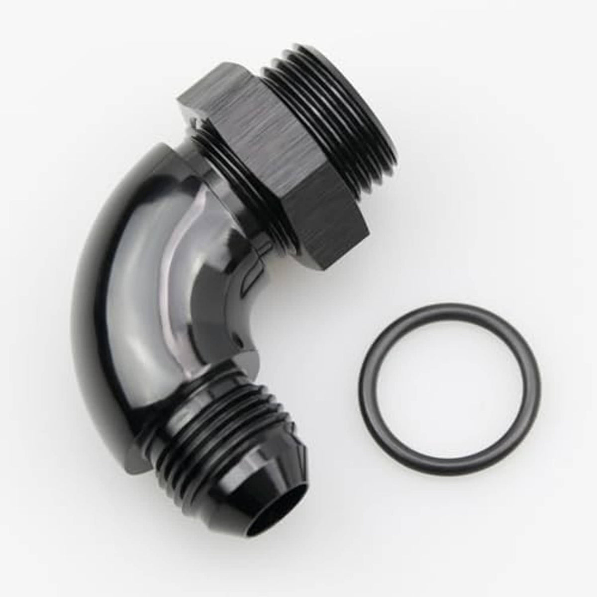 Black 90-degree AN ORB fitting with O-ring; curved elbow and dual threaded ports