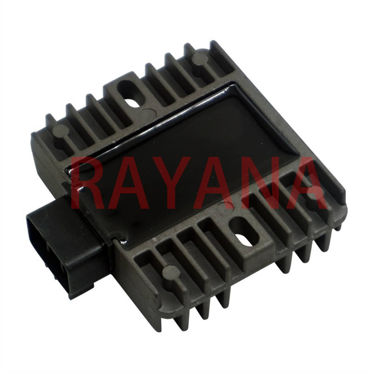 Black finned voltage regulator rectifier with top cover and side mounting holes