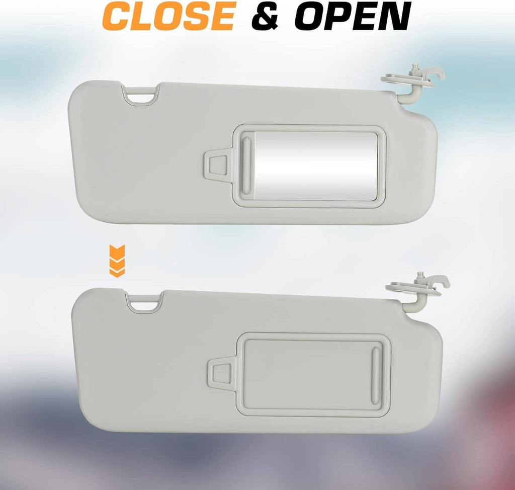 Gray sun visor pair shown in open and closed positions, with mirror windows
