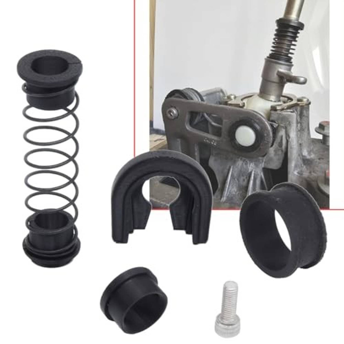 Manual transmission shifter repair kit parts: black clips, spring, and bolt