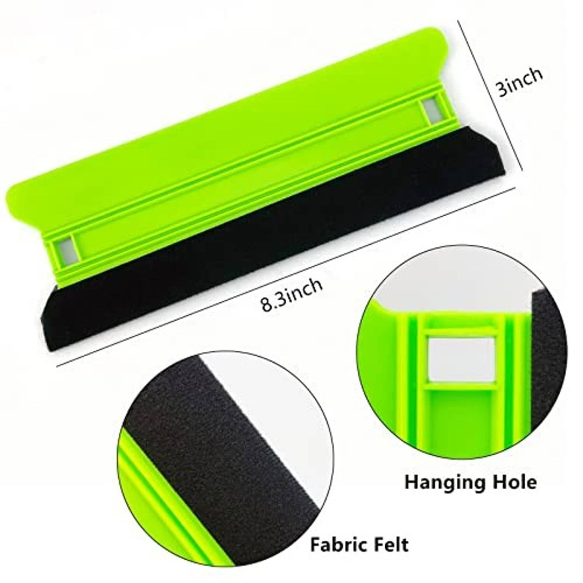 Green window tint squeegee with felt pad, hanging hole, and 8.3-inch blade