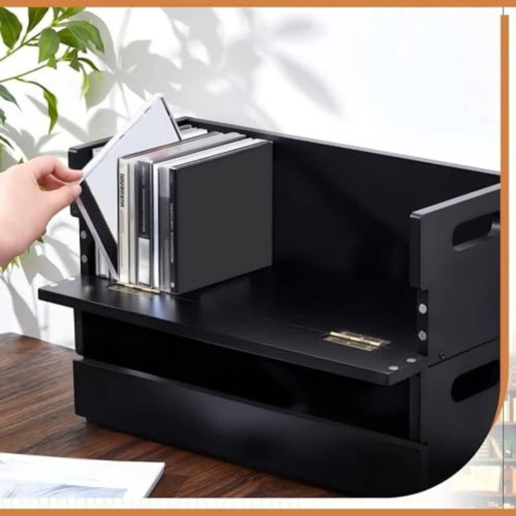 Black CD storage rack with front compartment and hinged cover, shown with CDs