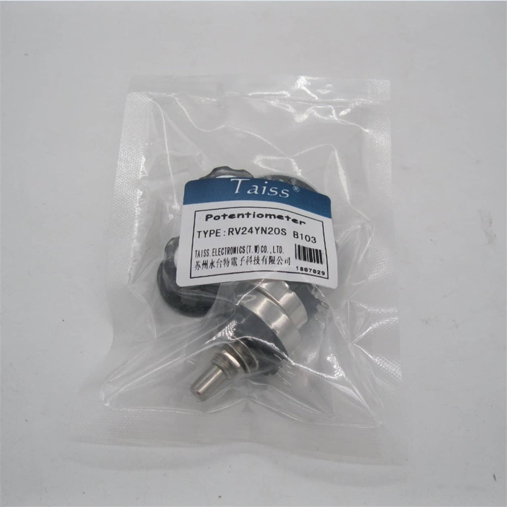 Sealed plastic bag containing a rotary potentiometer with metal shaft and base