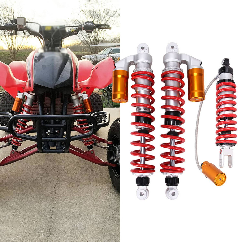 ATV air shock absorbers set with red coil springs and orange reservoirs, front and rear