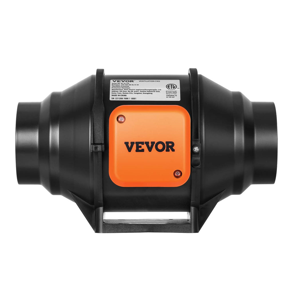 VEVOR 4-inch inline duct fan blower with orange control panel, black housing