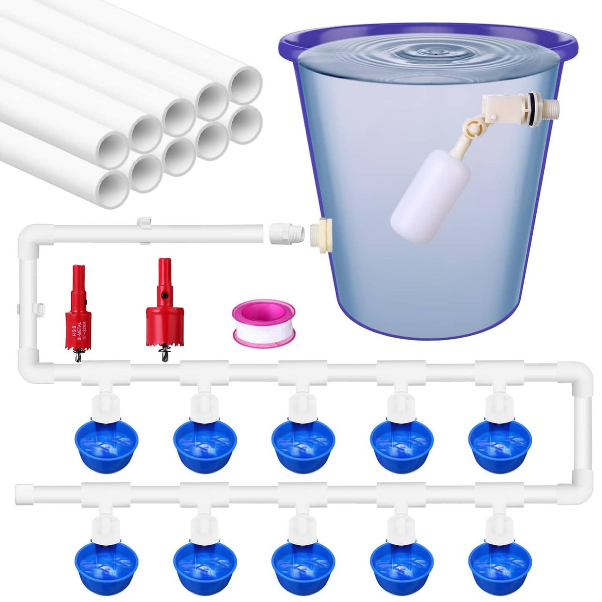 Automatic chicken waterer system with blue cups, white PVC piping, and a float bucket