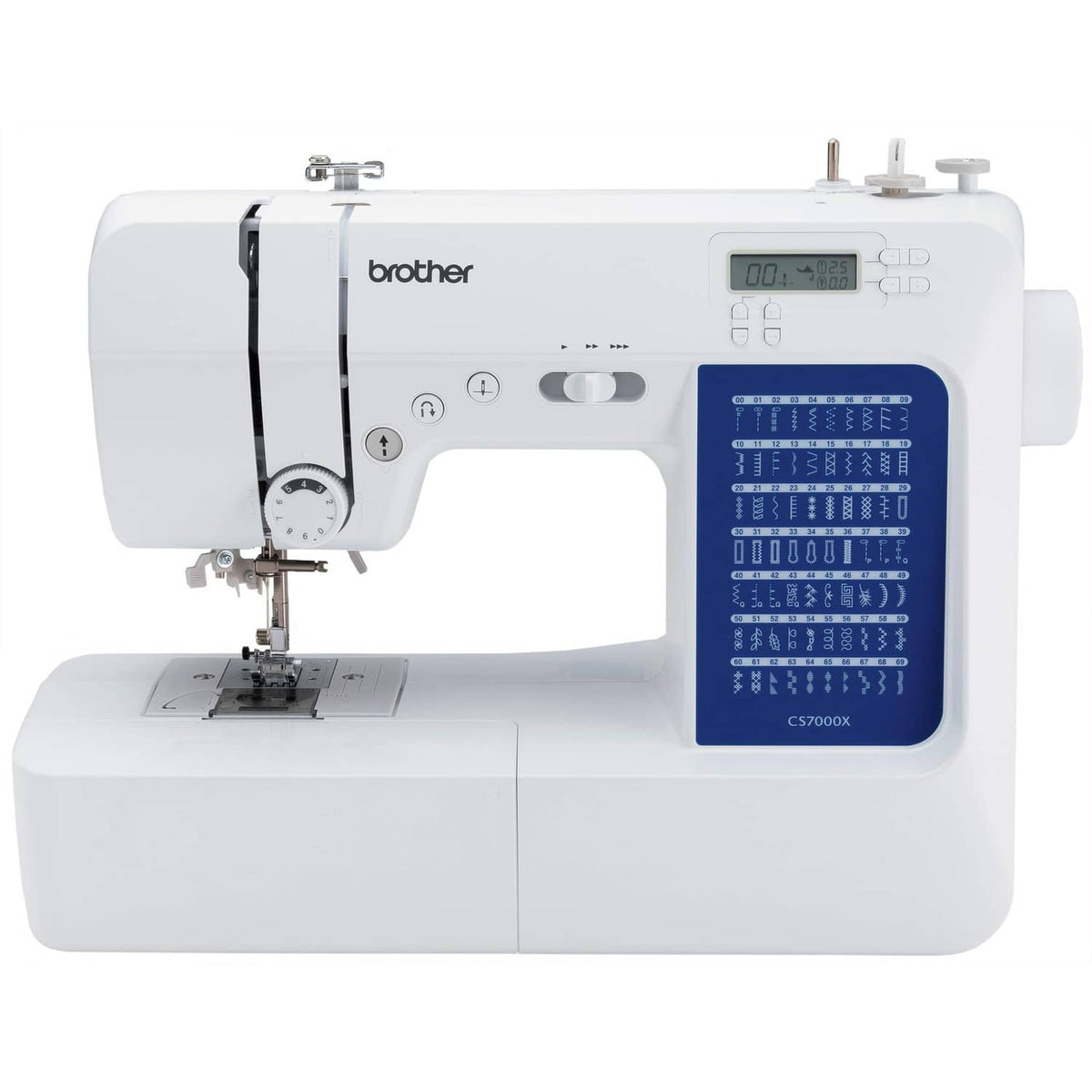 White computerized sewing machine with blue stitch selection panel and LCD screen