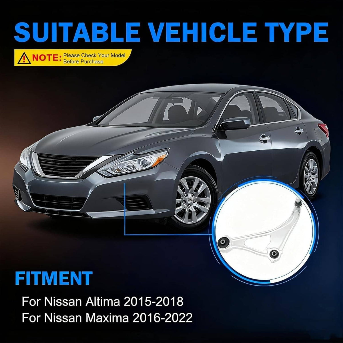 Gray sedan with circular inset showing front control arm bushing