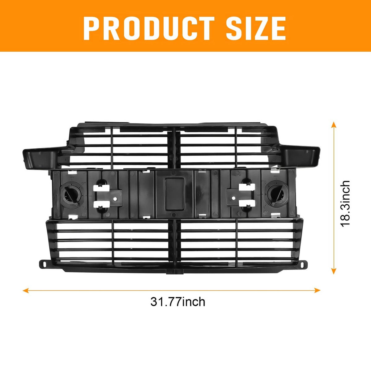 Black grille shutter frame with horizontal slats, side openings, and motor assembly housing