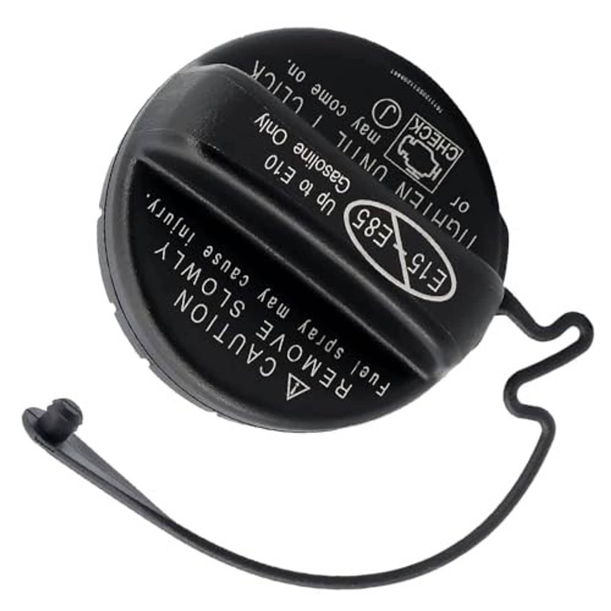 Black gas fuel cap with tether hook, round shape, and printed caution text