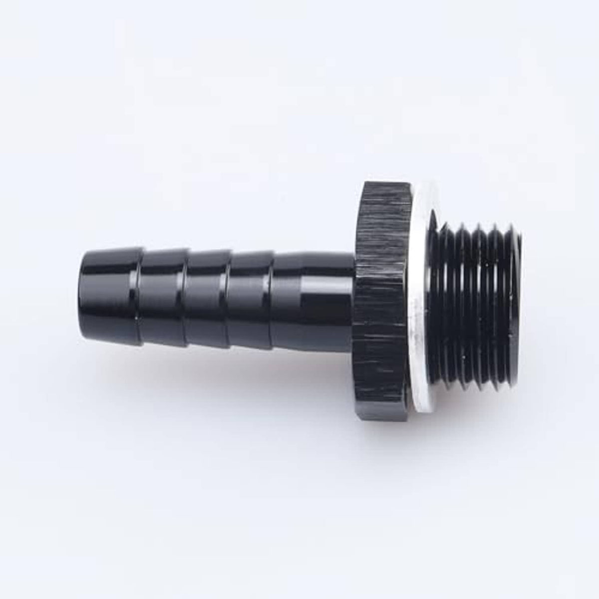 Straight black metric-to-barb fitting, barbed hose barb side view