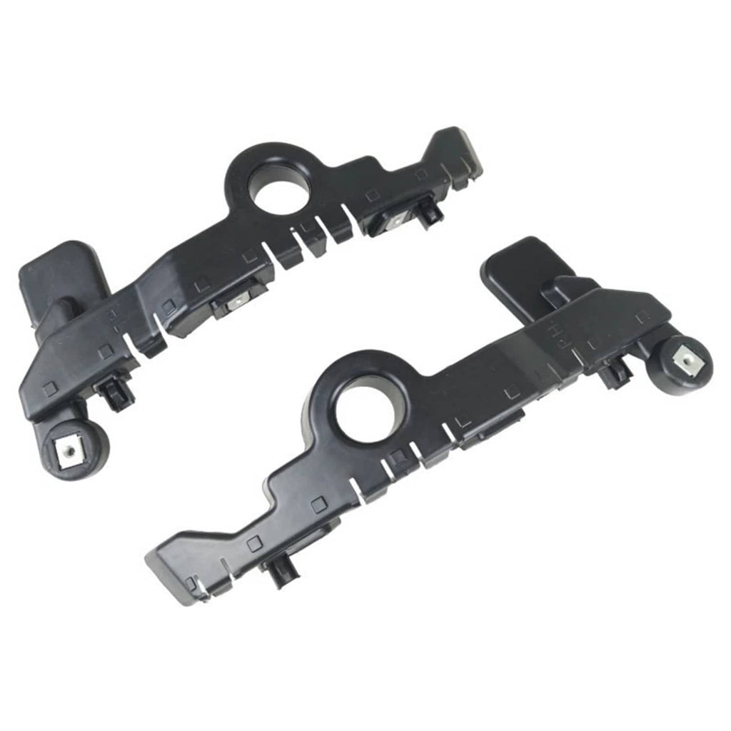 Front bumper guide bracket pair, black plastic with two circular holes and mounting hardware