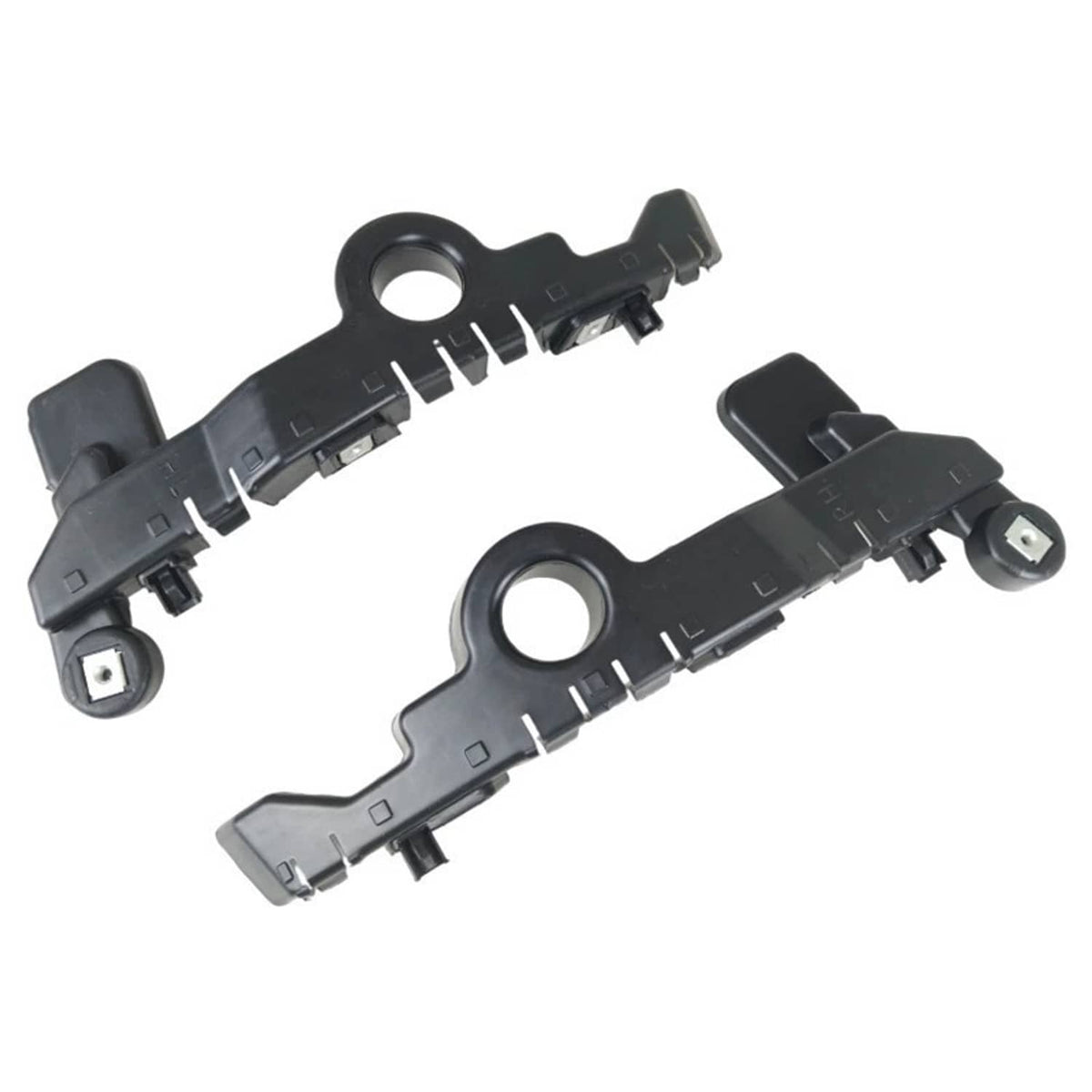Front bumper guide bracket pair, black plastic with two circular holes and mounting hardware