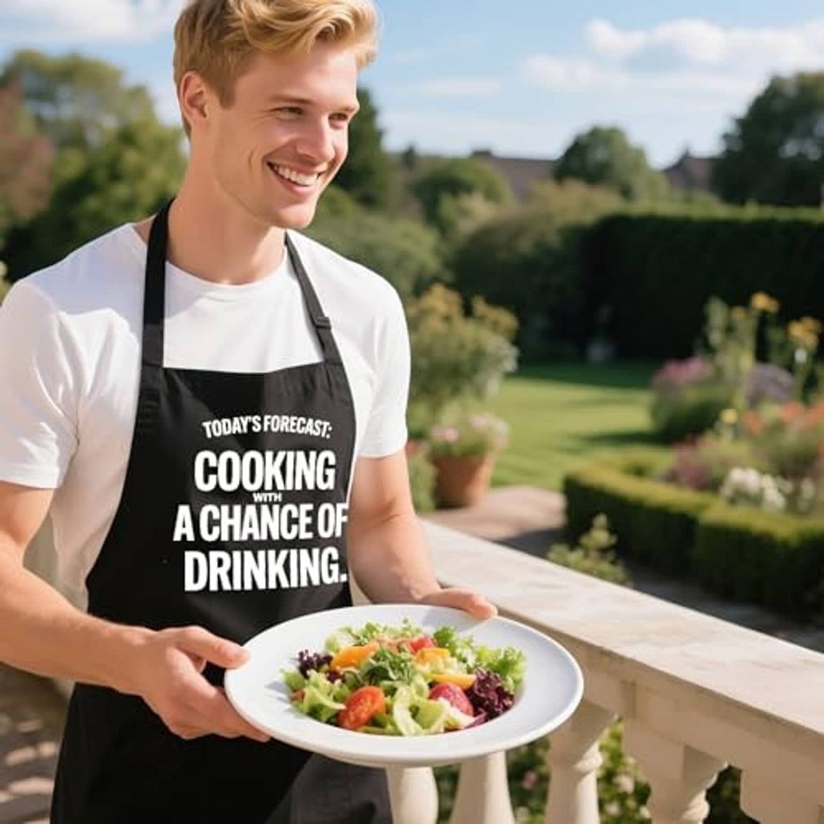Men's black grill apron with “Cooking” slogan while holding a salad plate outdoors