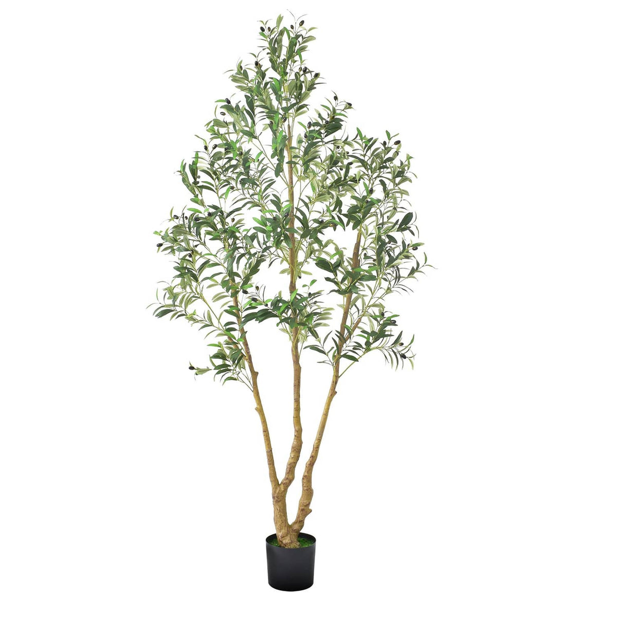 Tall artificial olive tree with green leaves in a black pot, angled view