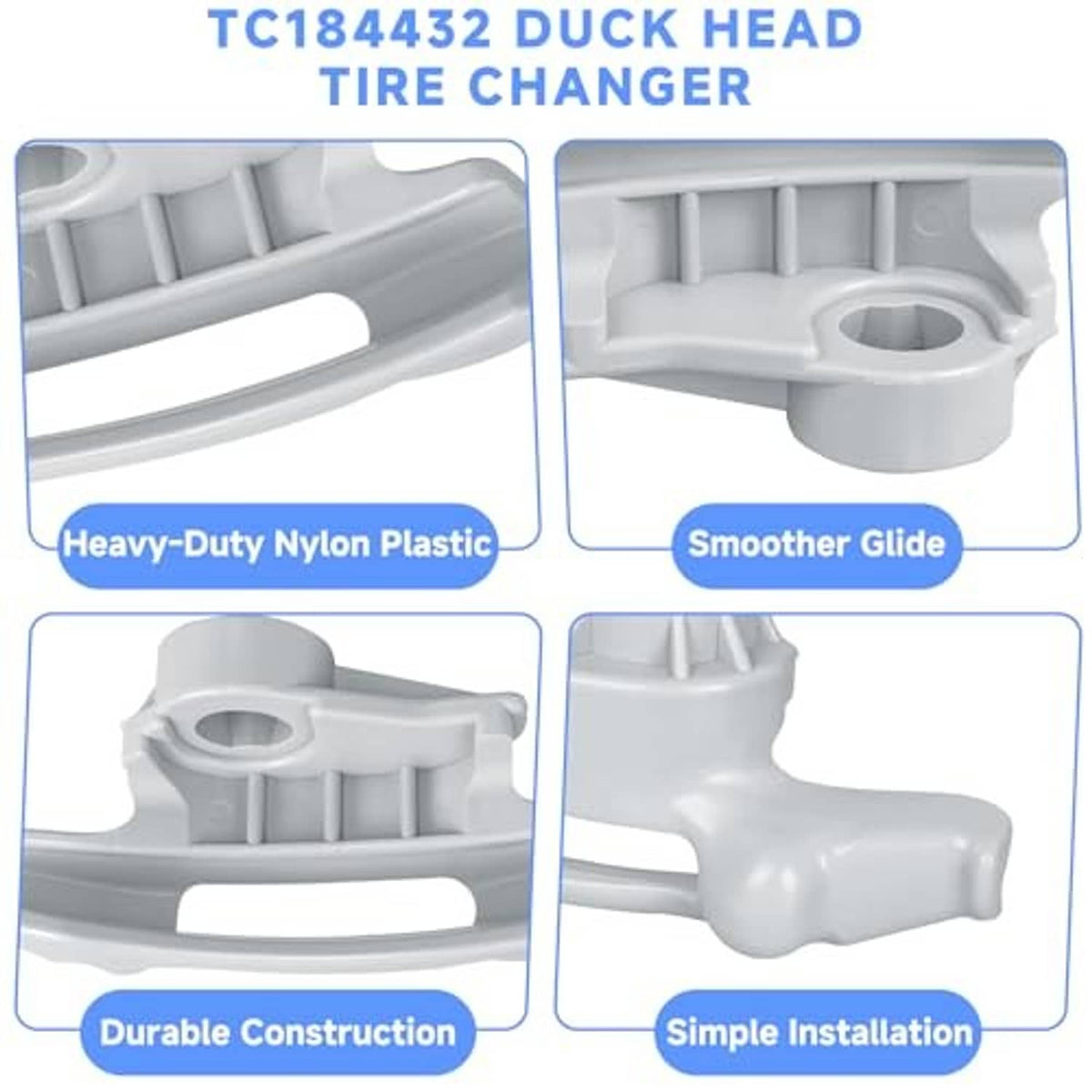 White plastic duck head tire changer attachment with textured grip and mounting slot