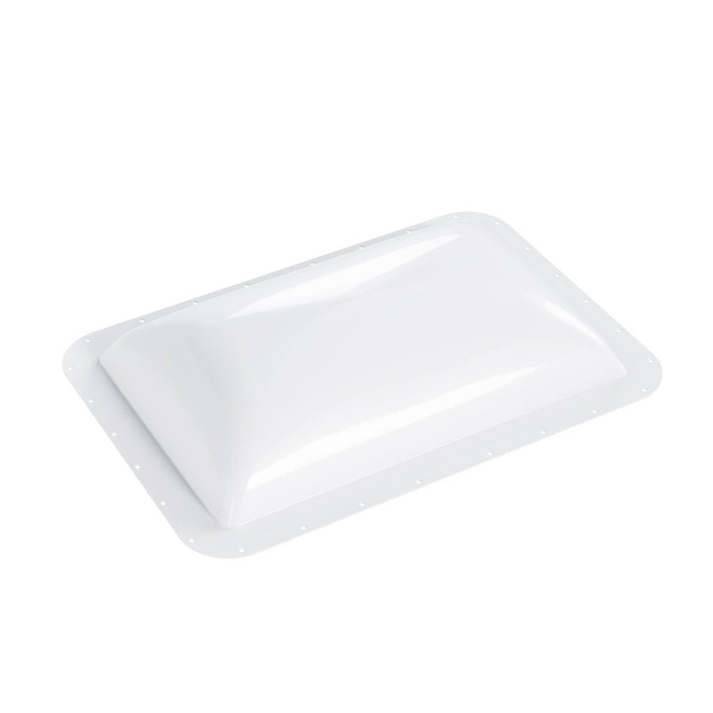 White RV skylight cover with raised center section and screw holes on outer frame