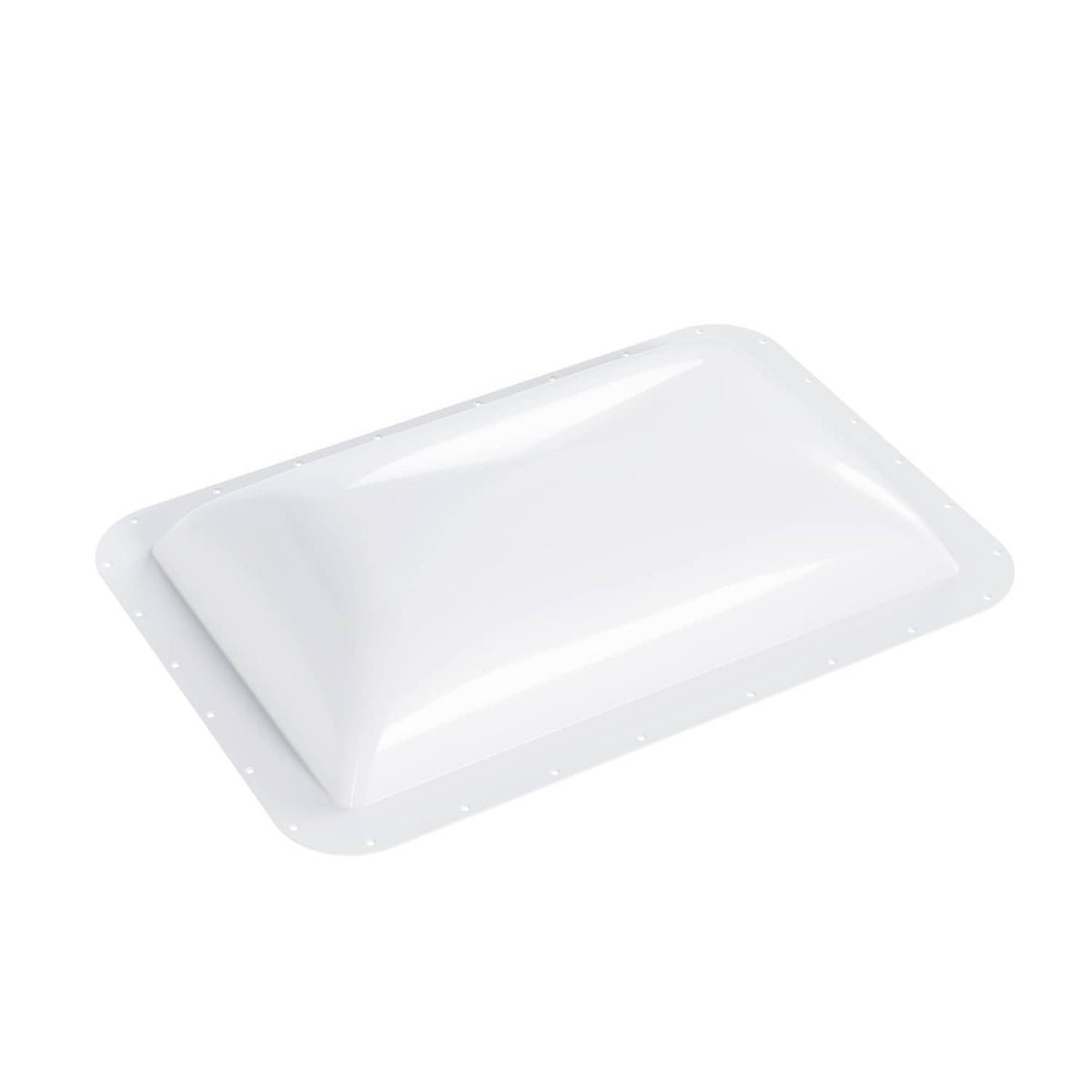 White RV skylight cover with raised center section and screw holes on outer frame