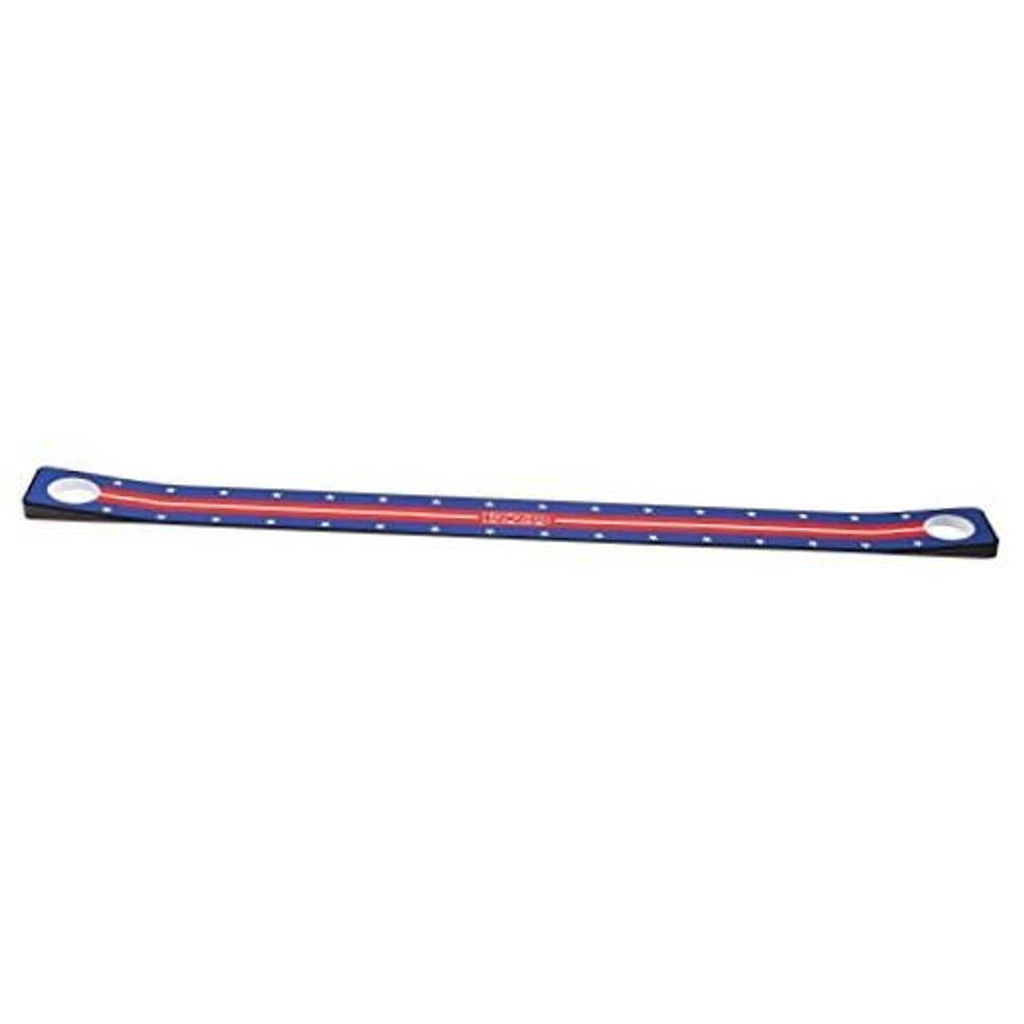 Golf putting mat with circular cup; blue felt with red and white stripes, star accents.