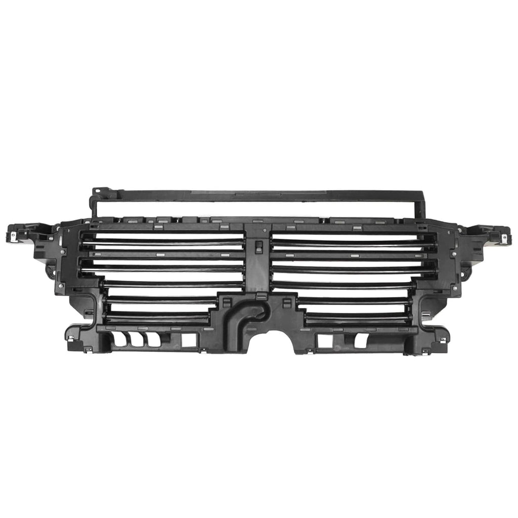 Black front grille shutter insert with horizontal slats and central divider