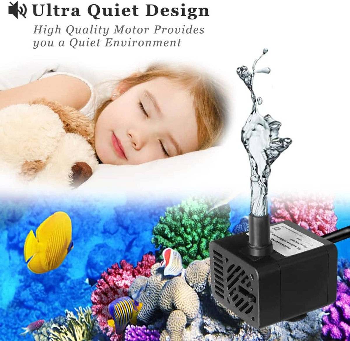 Compact submersible water pump with black body, white lift tube, and USB power cable