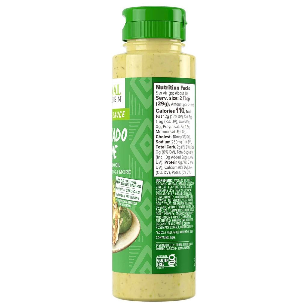 Primal Kitchen avocado-lime dipping sauce bottle, back nutrition label