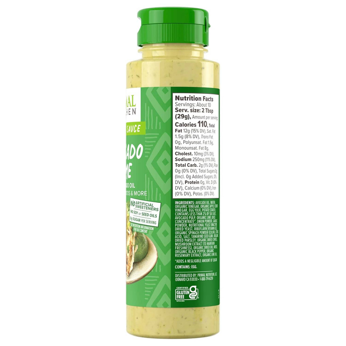Primal Kitchen avocado-lime dipping sauce bottle, back nutrition label