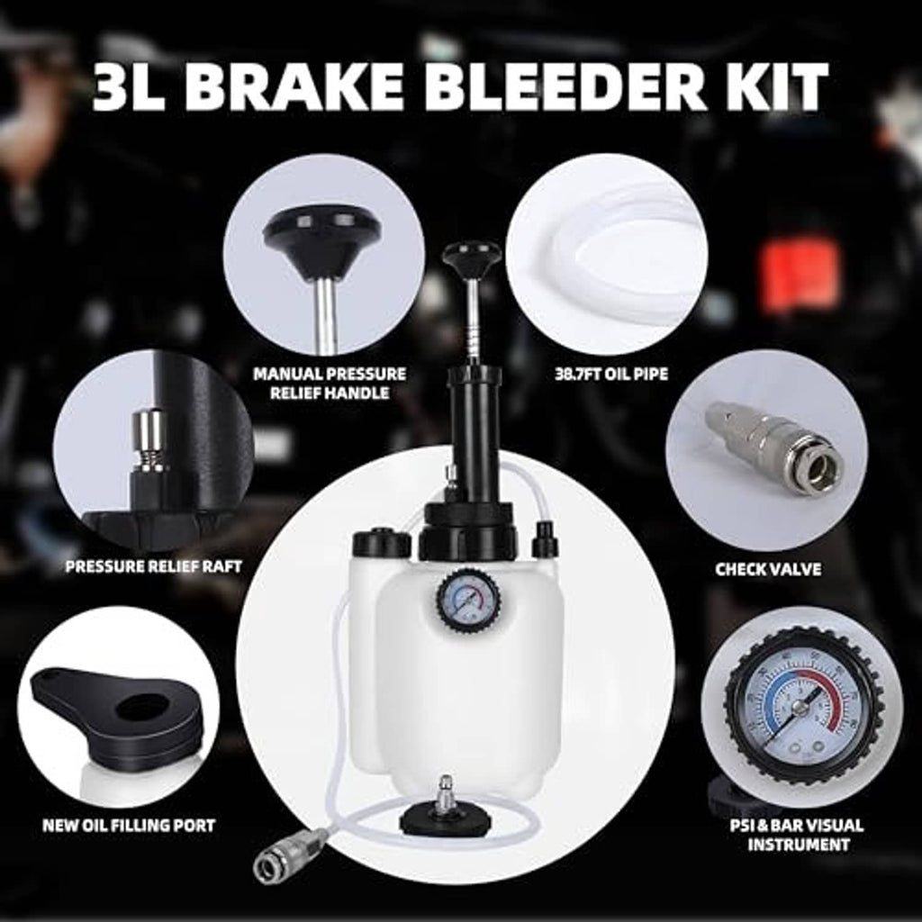Brake bleeder kit diagram with white canister, pressure relief handle, gauge, check valve