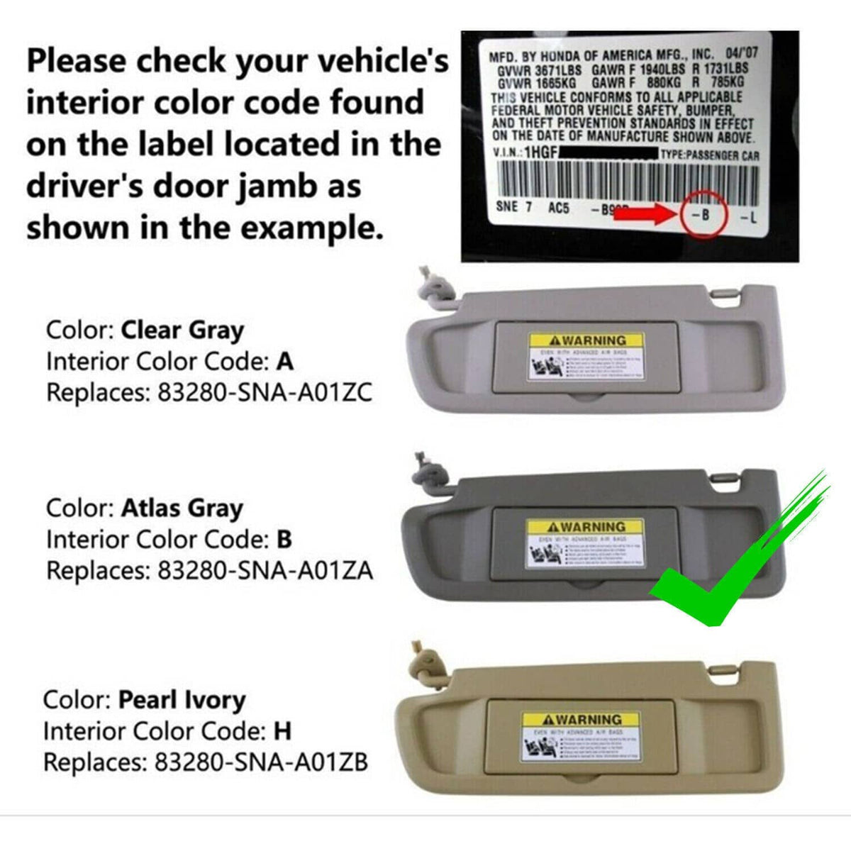 Dark gray sun visor set showing fitment notes and replacement part numbers on labels