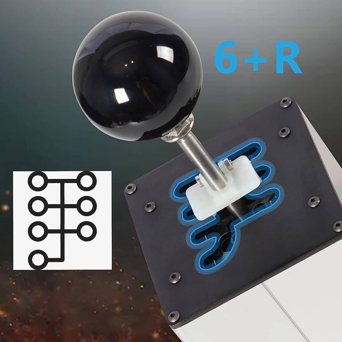Sim racing gear shifter with black knob and blue H-pattern shift gate, metal lever