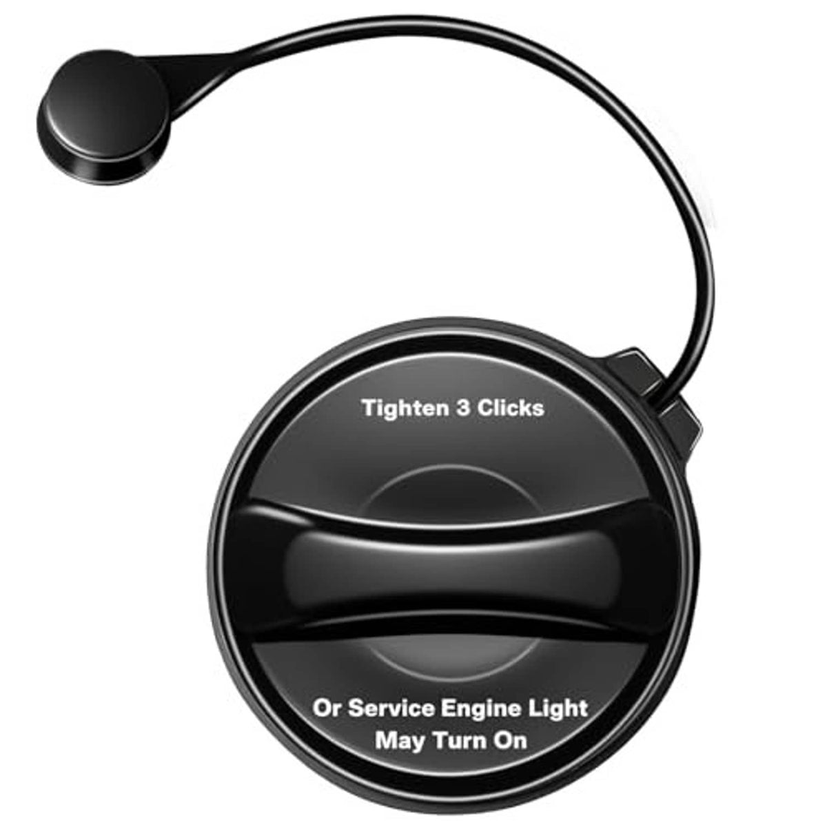 Round black fuel gas cap with tether cable; “Or Service Engine Light May Turn On”