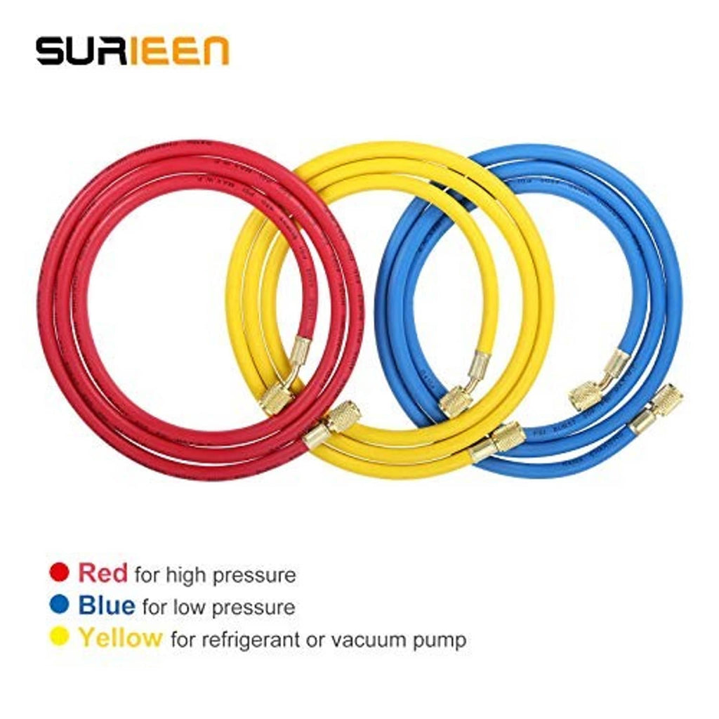 Three-color AC charging hose set (red, yellow, blue) with brass 1/4" SAE couplers