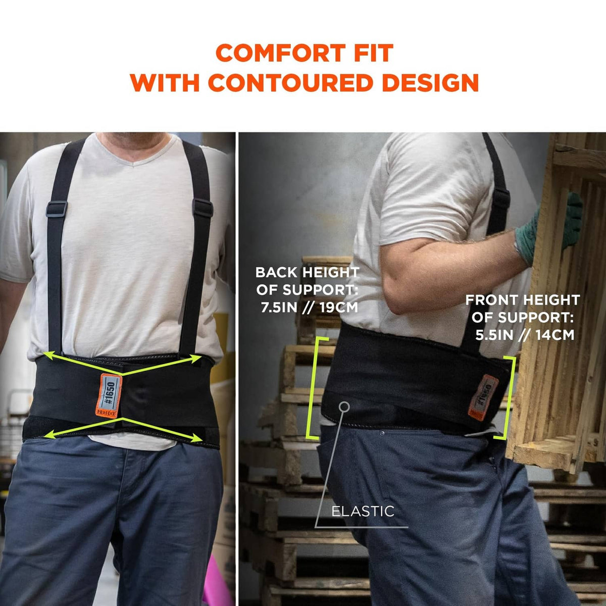 Black ergonomic lumbar support belt with contoured design and adjustable fit