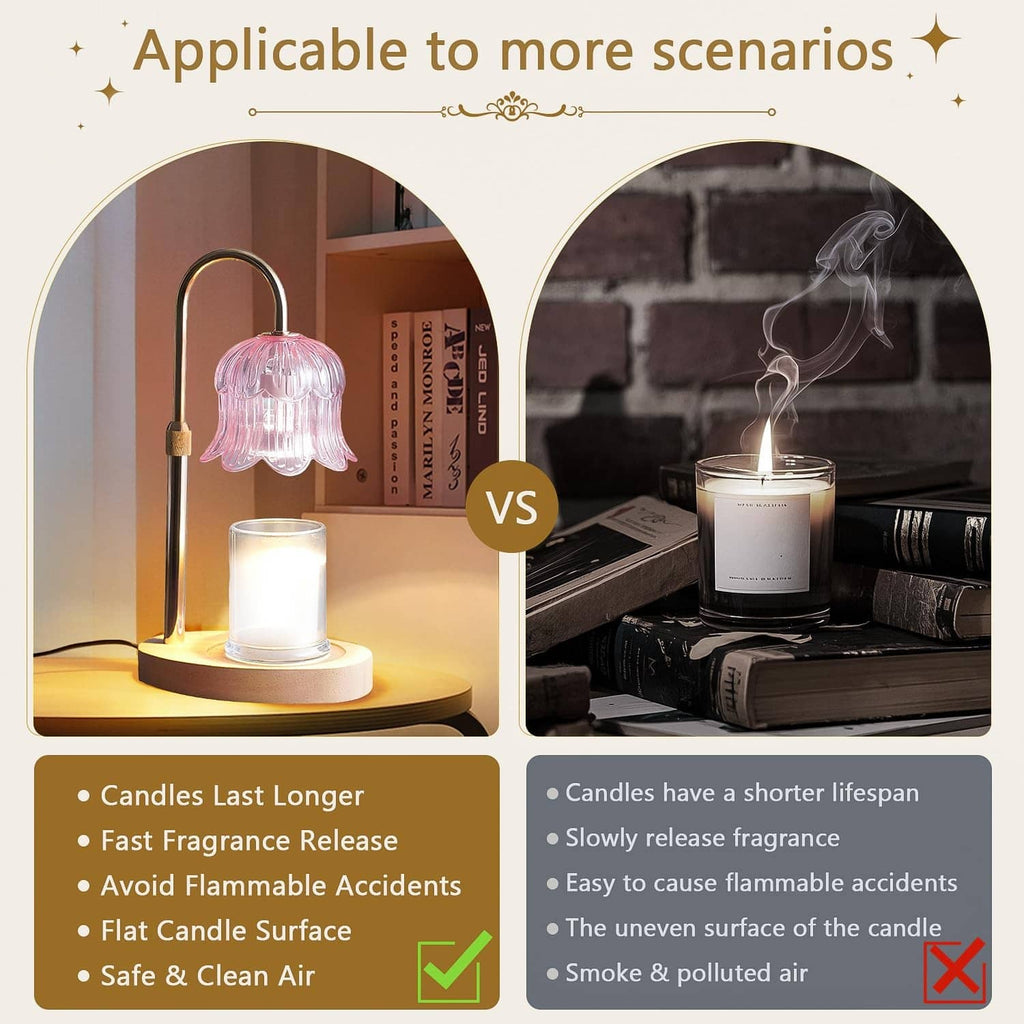 Pink candle warmer lamp with pink flower glass shade and glowing candle in a holder