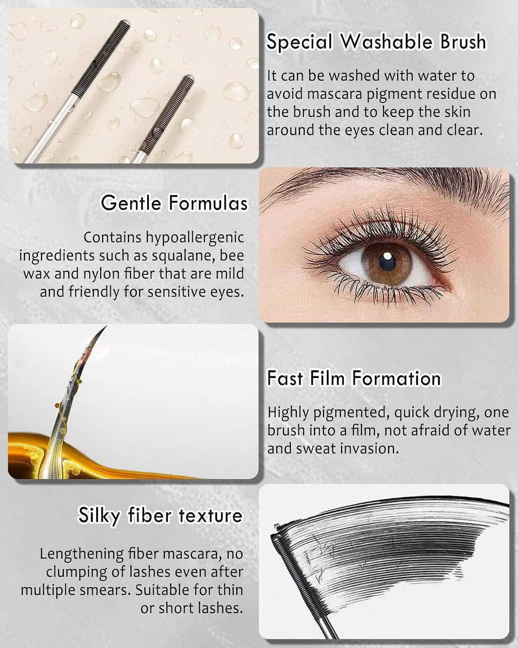 Washable metal rod mascara brush with water droplets, silver wand and black lash texture