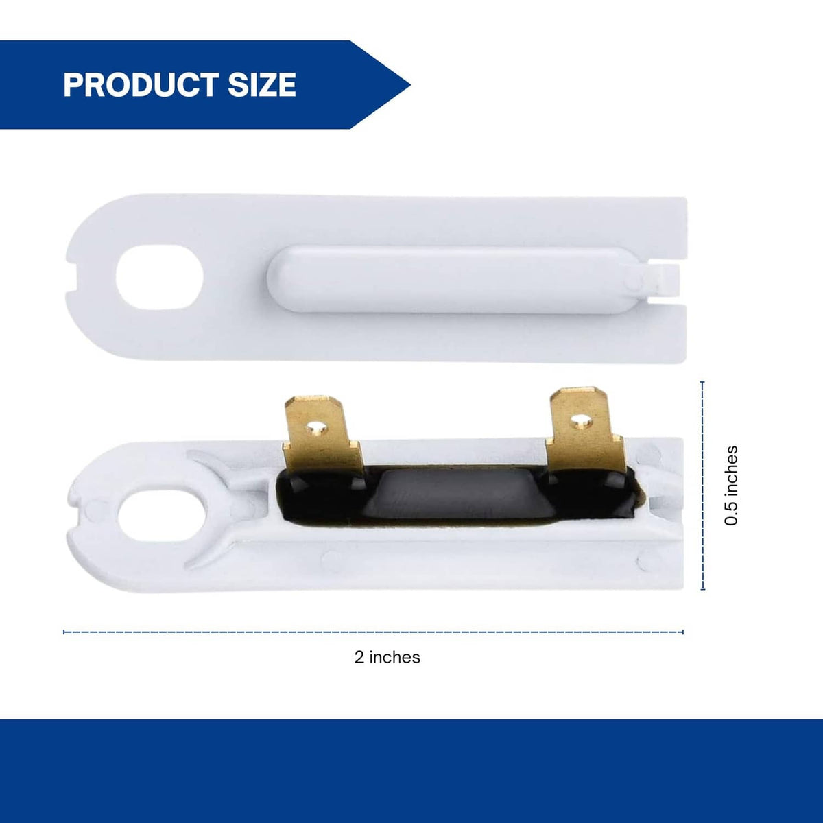 Dryer thermal fuse with white casing, black module, and gold mounting holes