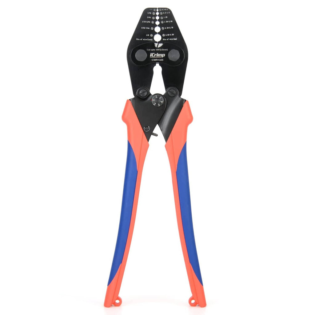 Wire rope crimping tool with built-in cutter, black die head and orange/blue handles.