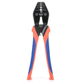 Wire rope crimping tool with built-in cutter, black die head and orange/blue handles.