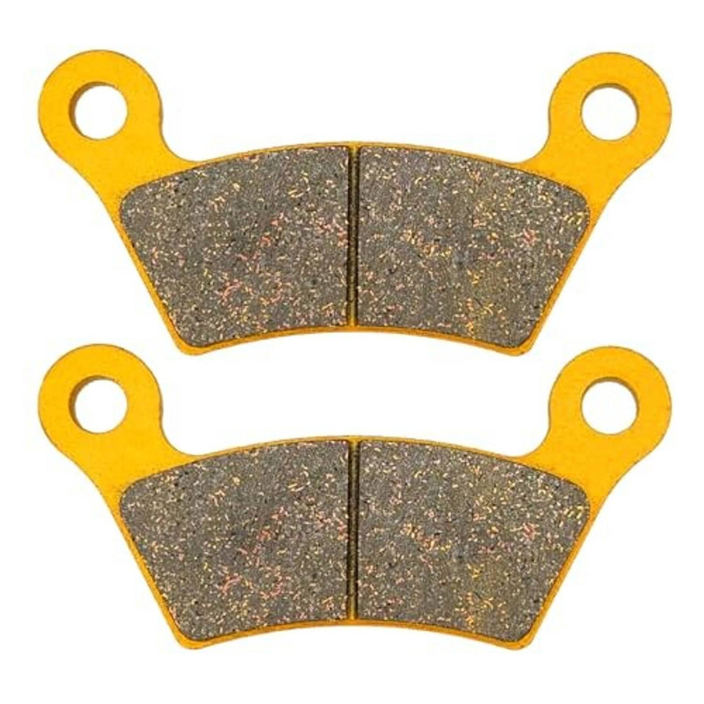 Ceramic brake pads, two gray pads with four mounting holes and yellow backing