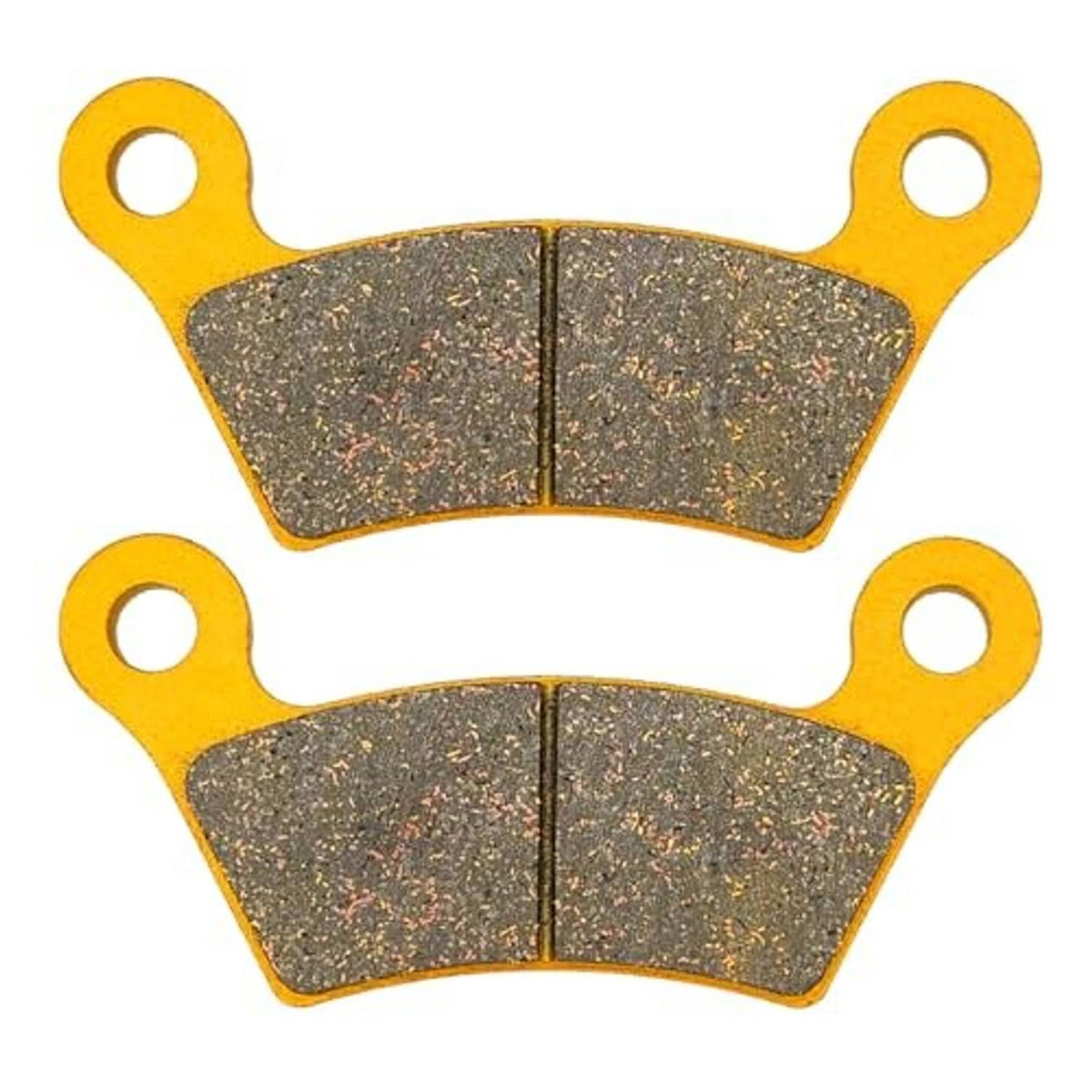 Ceramic brake pads, two gray pads with four mounting holes and yellow backing